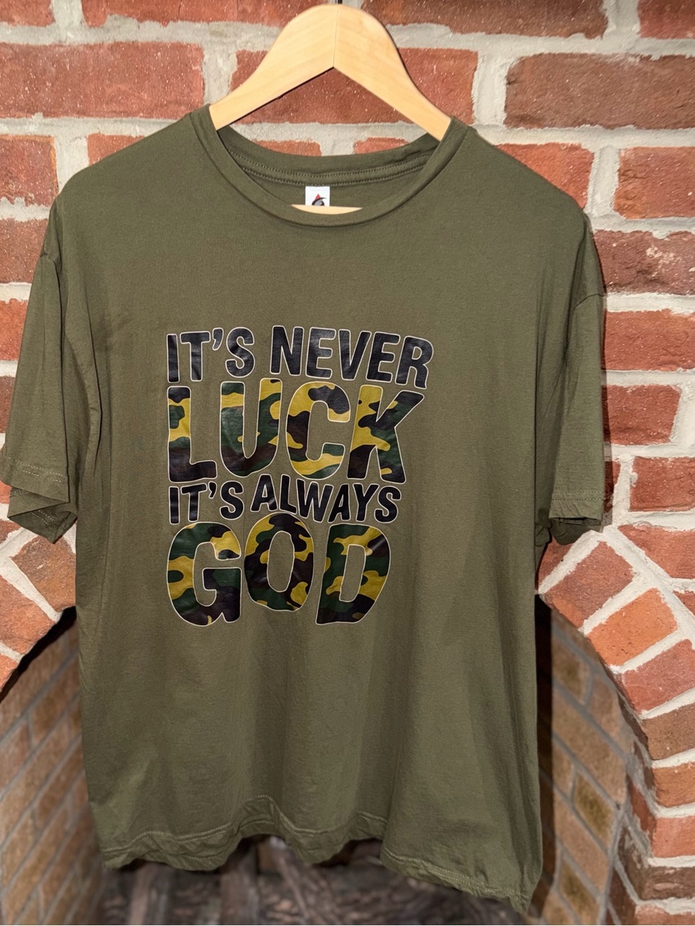 Olive Crewneck Graphic Tee with Camo Lettering